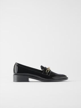 Zara Black Patent Leather Loafer with Gold Chain - size US 6